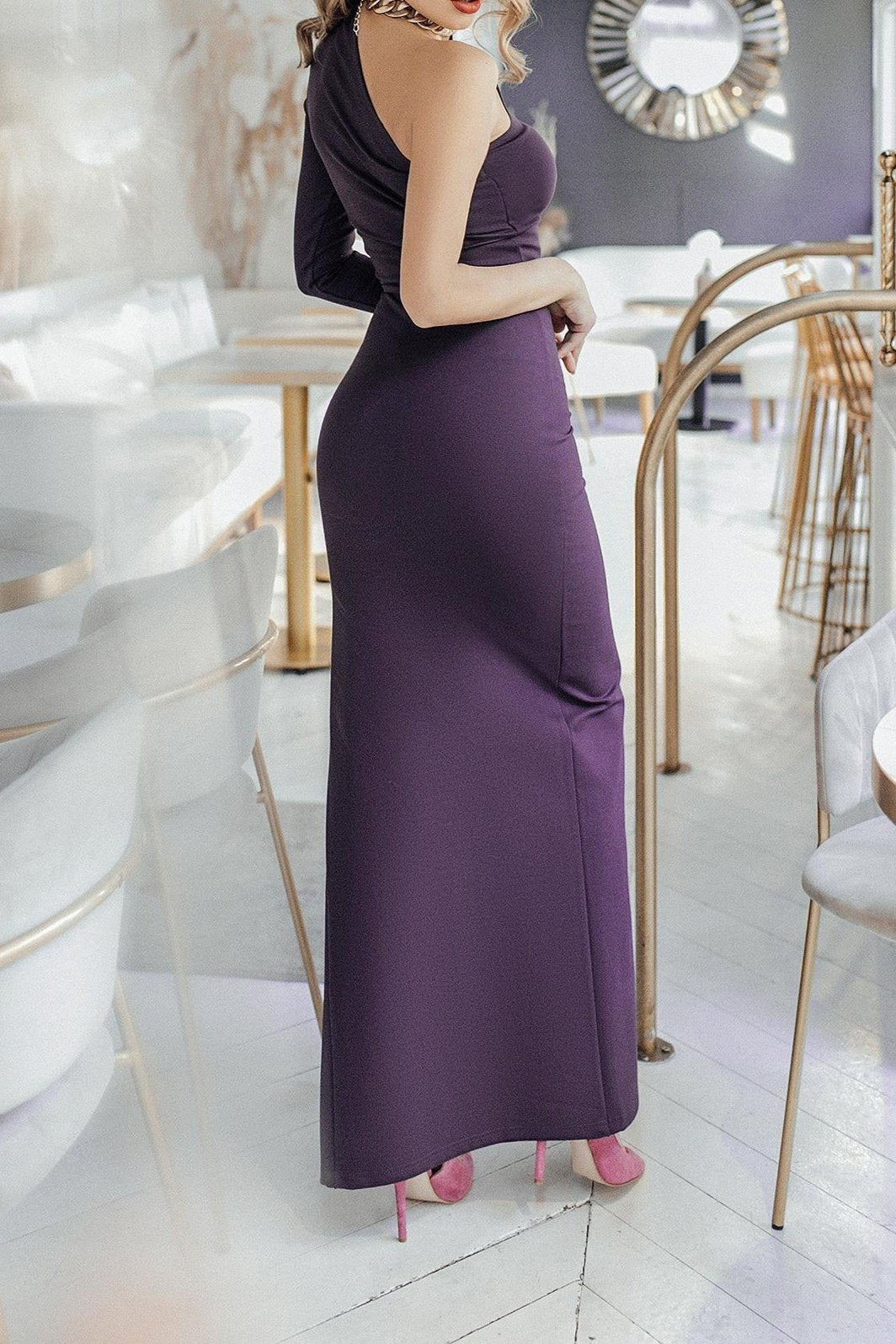 Plum One-Shoulder Floor Length White One-Shoulder Prom Dress Long Sleeves Slit Party Dress