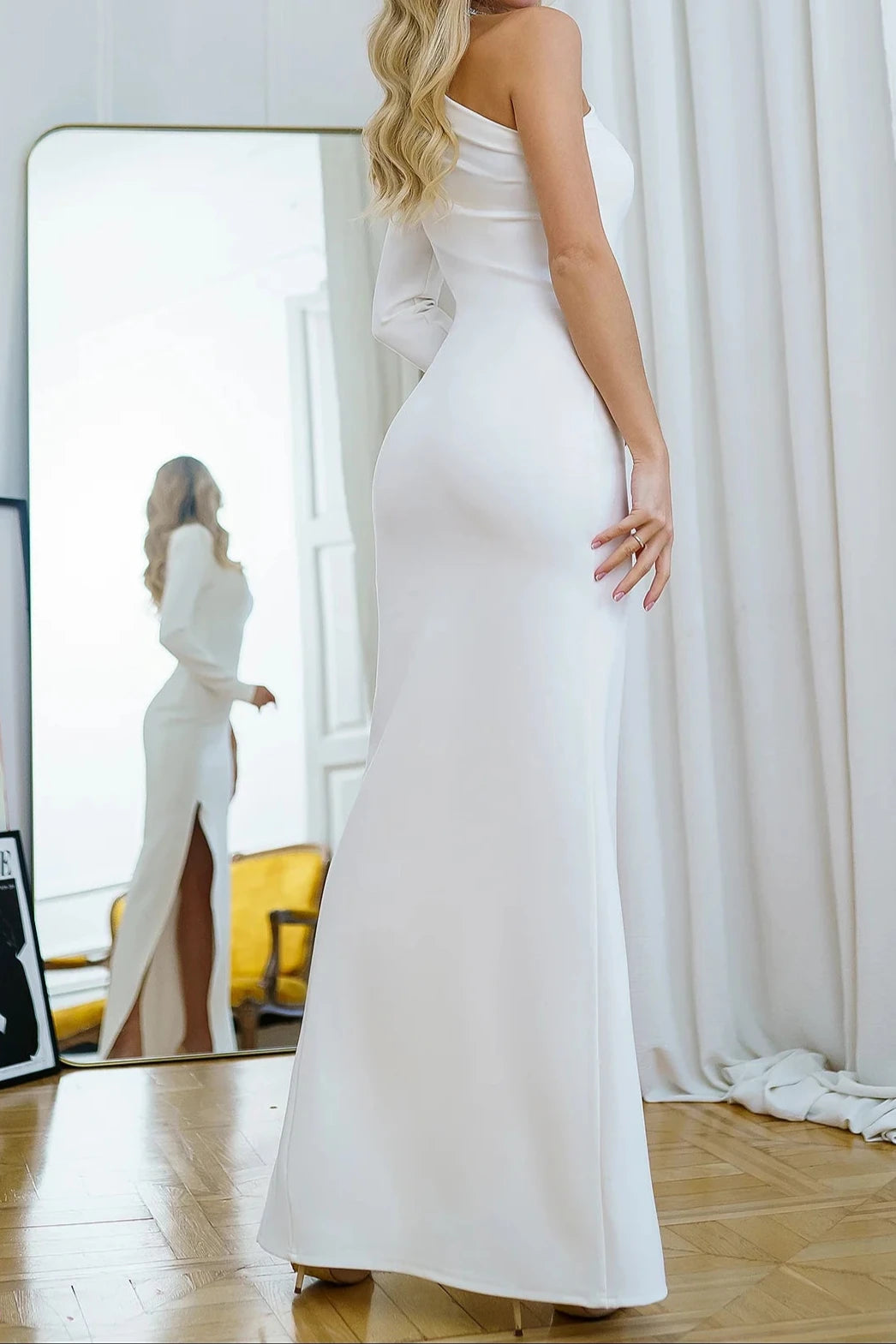 Plum One-Shoulder Floor Length White One-Shoulder Prom Dress Long Sleeves Slit Party Dress