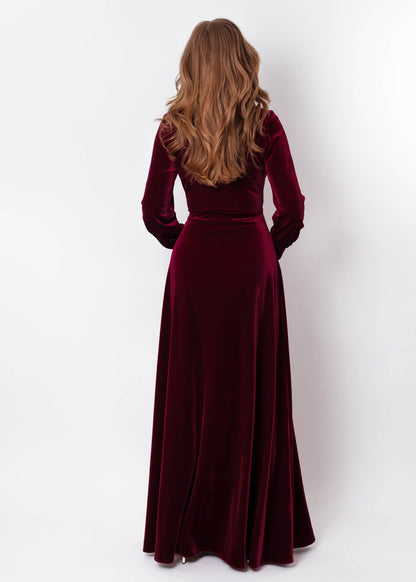 Plum Burgundy Velvet Long Dress Bridesmaid Velvet Dress Wedding Guest Long Sleeves Dress Velvet Gown Velvet Slit Dress Maxi Dress V Neck Evening Dress