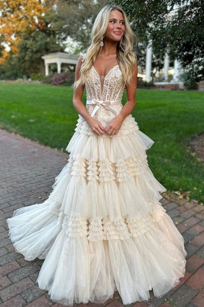 Weitese Champagne A-Line Off The Shoulder Long Tulle Prom Dress With Split And Sash