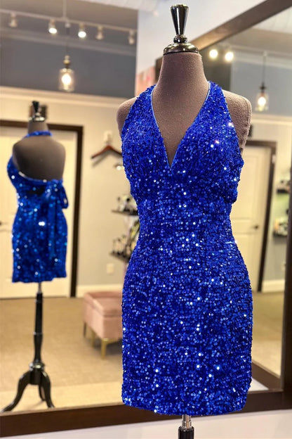 Sequin Halter Tie-Back Short Homecoming Dress