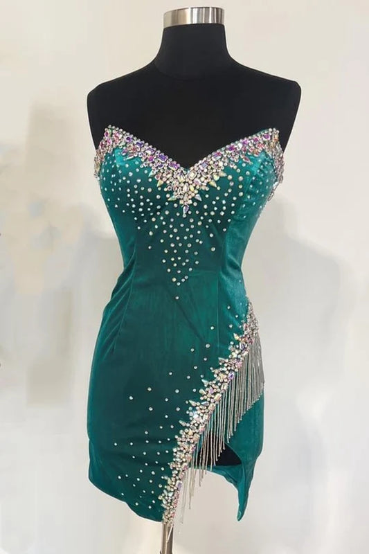 Velvet Strapless Beaded Short Homecoming Cocktail Dress with Tassels