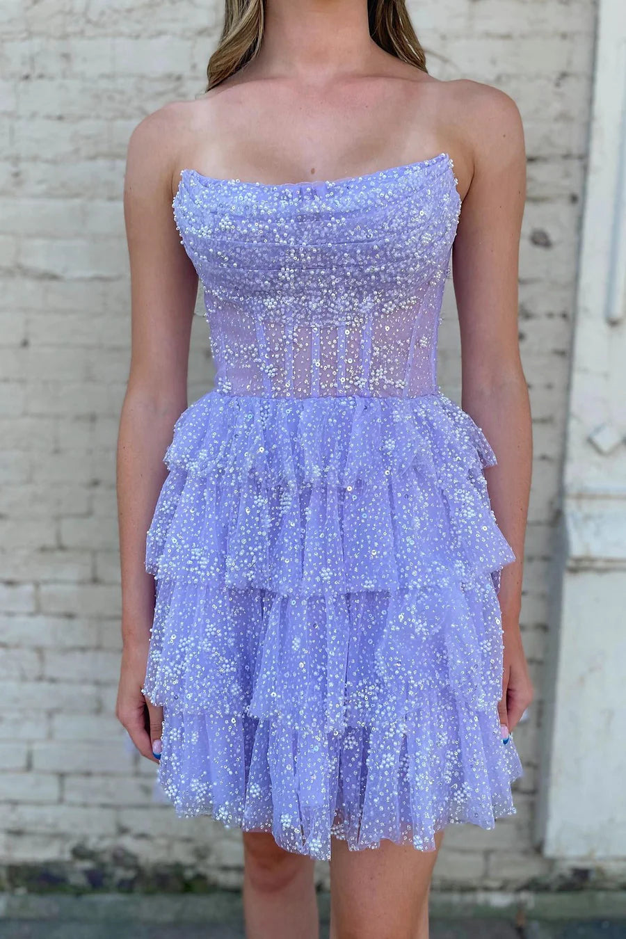 Tulle Beaded Strapless Tiered Short Homecoming Dress