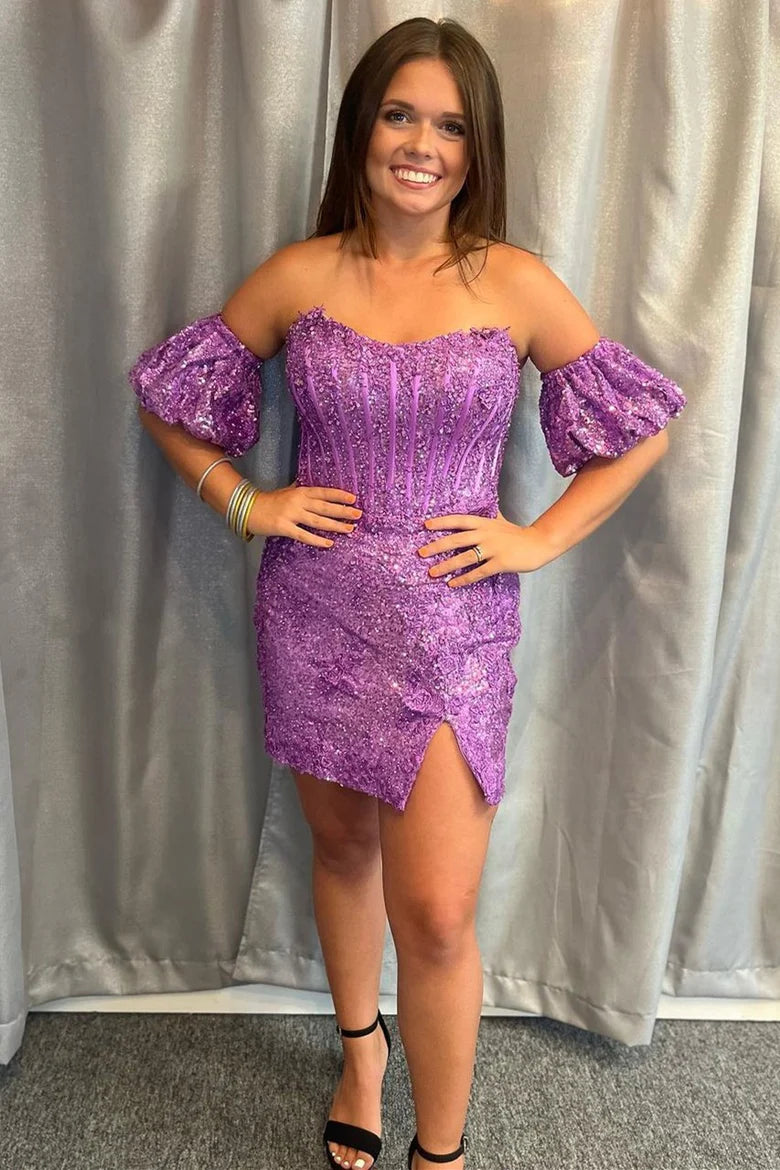 Sequin Lace Strapless Short Party Homecoming Dress with Puff Sleeves