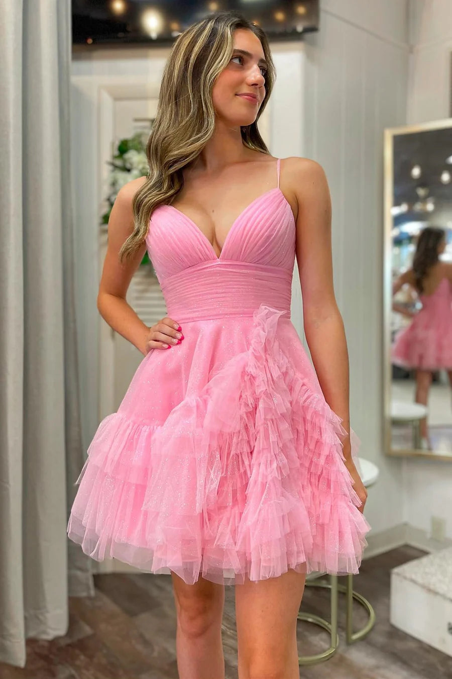 Tulle V-Neck Tiered Short Party Dress with Ruffles