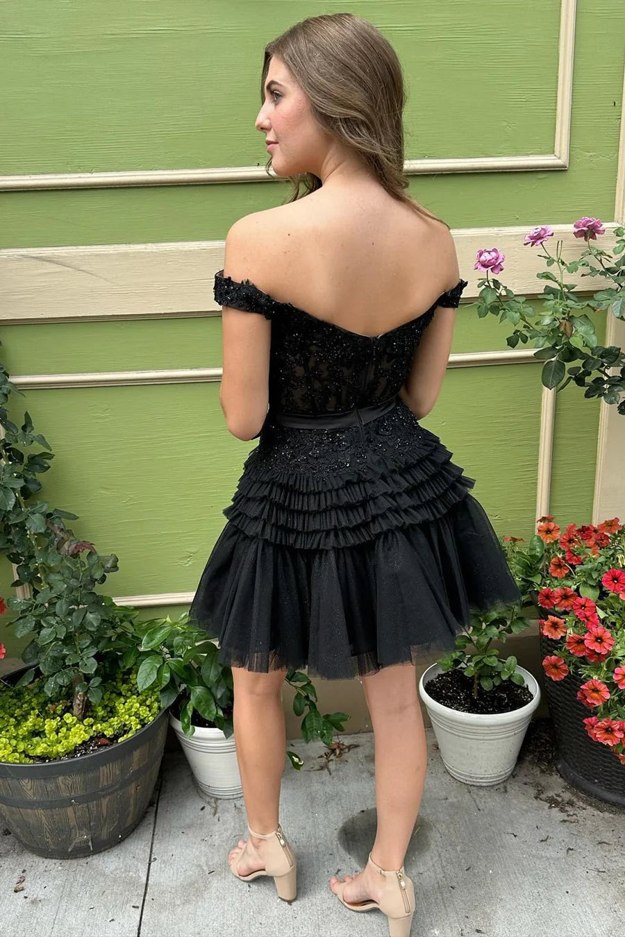 Off-the-Shoulder Bow Tiered Short Homecoming Dress with Ruffles