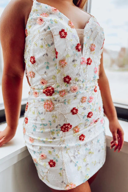 Floral Embroidery Lace-Up Short Homecoming Dress