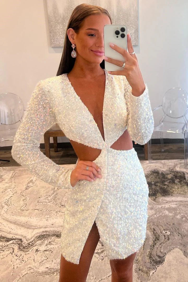 Sequin Deep V Cutout Cocktail Homecoming Dress