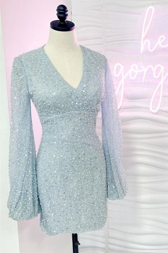 Sequin Surplice-Neck Cocktail Homecoming Dress with Balloon Sleeves