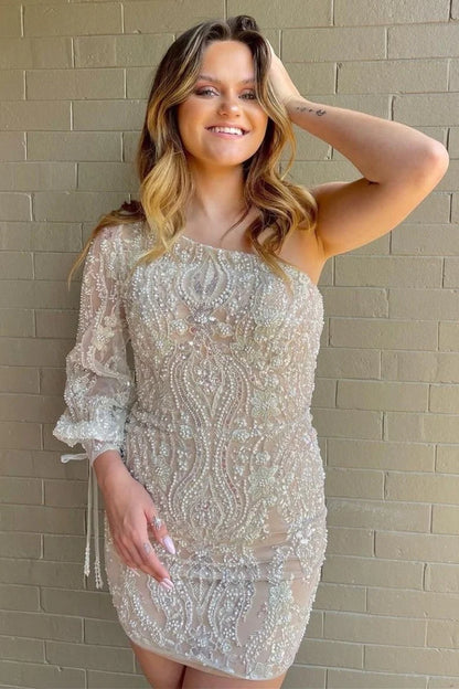 Beaded One-Sleeve Lace-Up Short Homecoming Dress