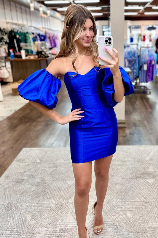 Strapless Bodycon Cocktail Homecoming Dress with Puff Sleeves