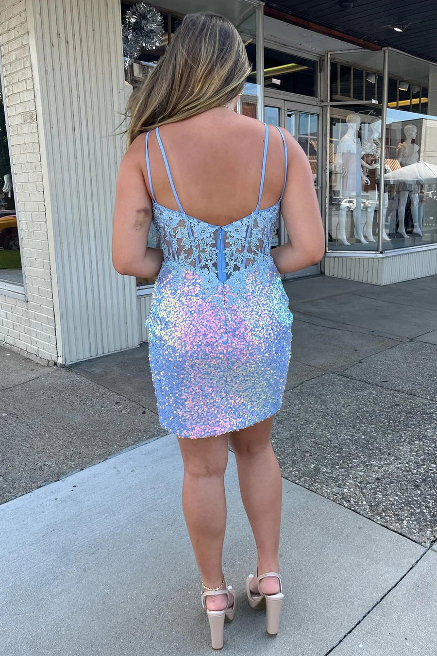 Sequin V-Neck Sheer Bodice Short Homecoming Dress