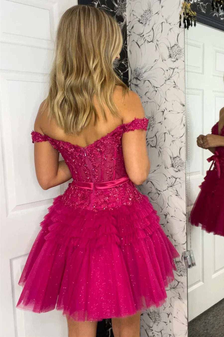 Off-the-Shoulder Bow Tiered Short Homecoming Dress with Ruffles