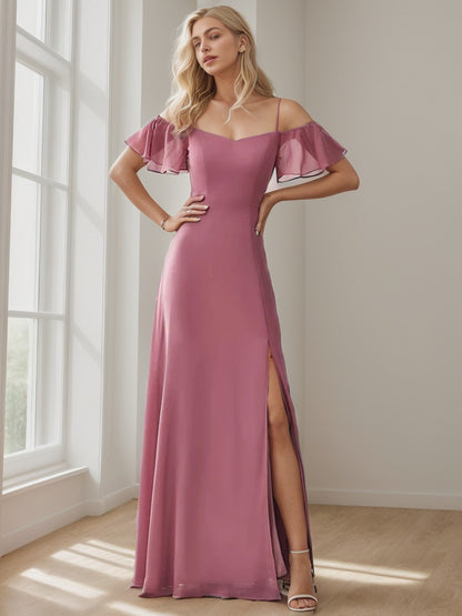 Weitese Chiffon Off-The-Shoulder Side Slit Bridesmaid Dress with sleeves