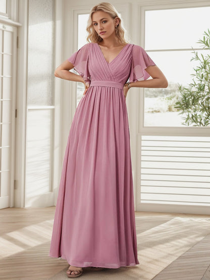 Weitese  A-Line Pleated Chiffon Tie-Waist Evening Dress