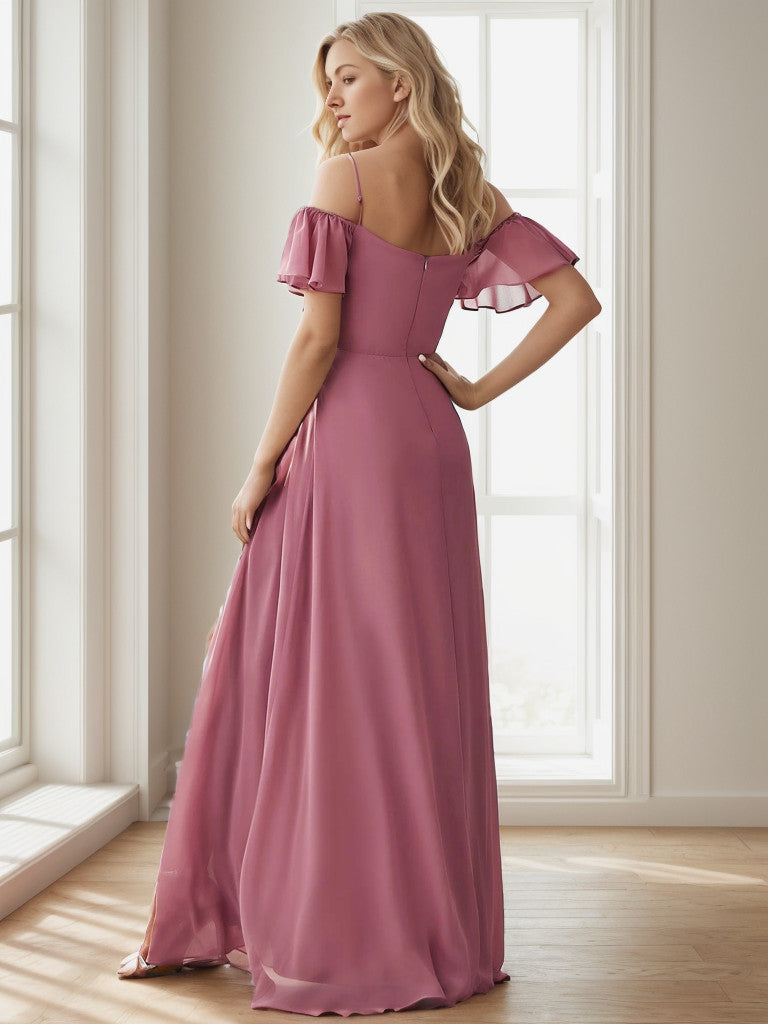 Weitese Chiffon Off-The-Shoulder Side Slit Bridesmaid Dress with sleeves