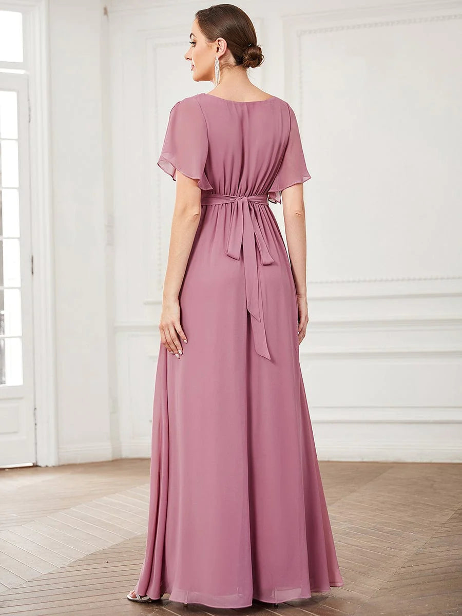 Weitese  A-Line Pleated Chiffon Tie-Waist Evening Dress