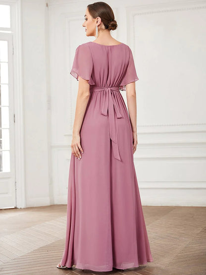 Weitese  A-Line Pleated Chiffon Tie-Waist Evening Dress