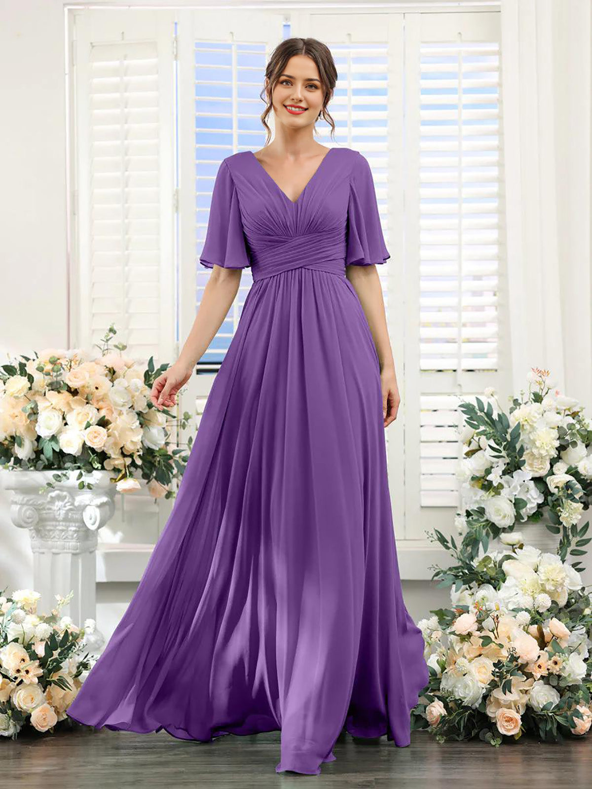 A-Line V-Neck Short Sleeve Bridesmaid Dress for Wedding Guest Long Chiffon Formal Party Dresses with Slit