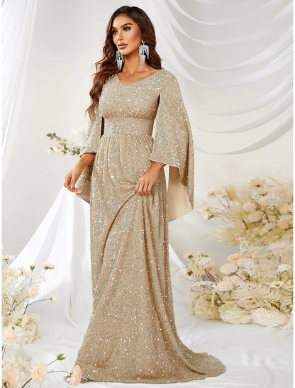 Weitese A-Line Evening Gown Elegant Dress Formal Wedding Sweep / Brush Train Long Sleeve V Neck Capes Polyester with Sequin