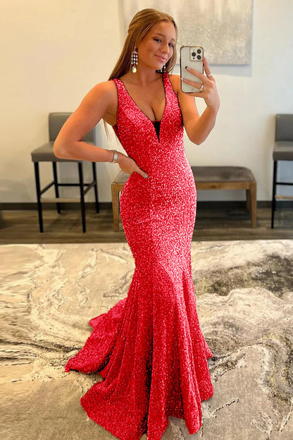 Sequins Glitter V Neck Mermaid Sexy Long Prom Dress