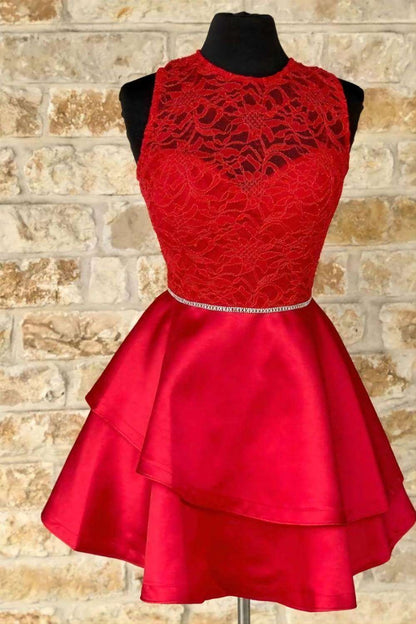 Weitese Red A-linec Satin And Lace Homecoming Dress With Belt