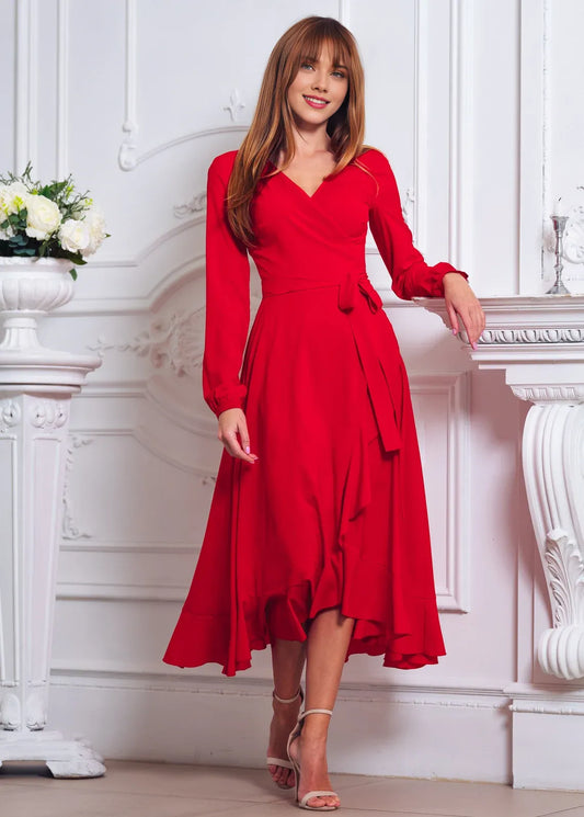 Red Chic V Neck Tea-Length A-line Long Sleeves Bridesmaid Party Prom Evening Dress