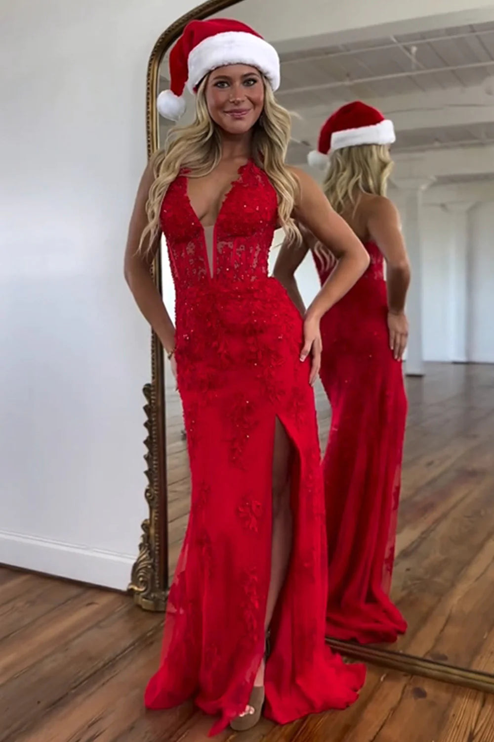 Weitese Stunning Mermaid Deep V-Neck Long Lace Prom Dress With Split