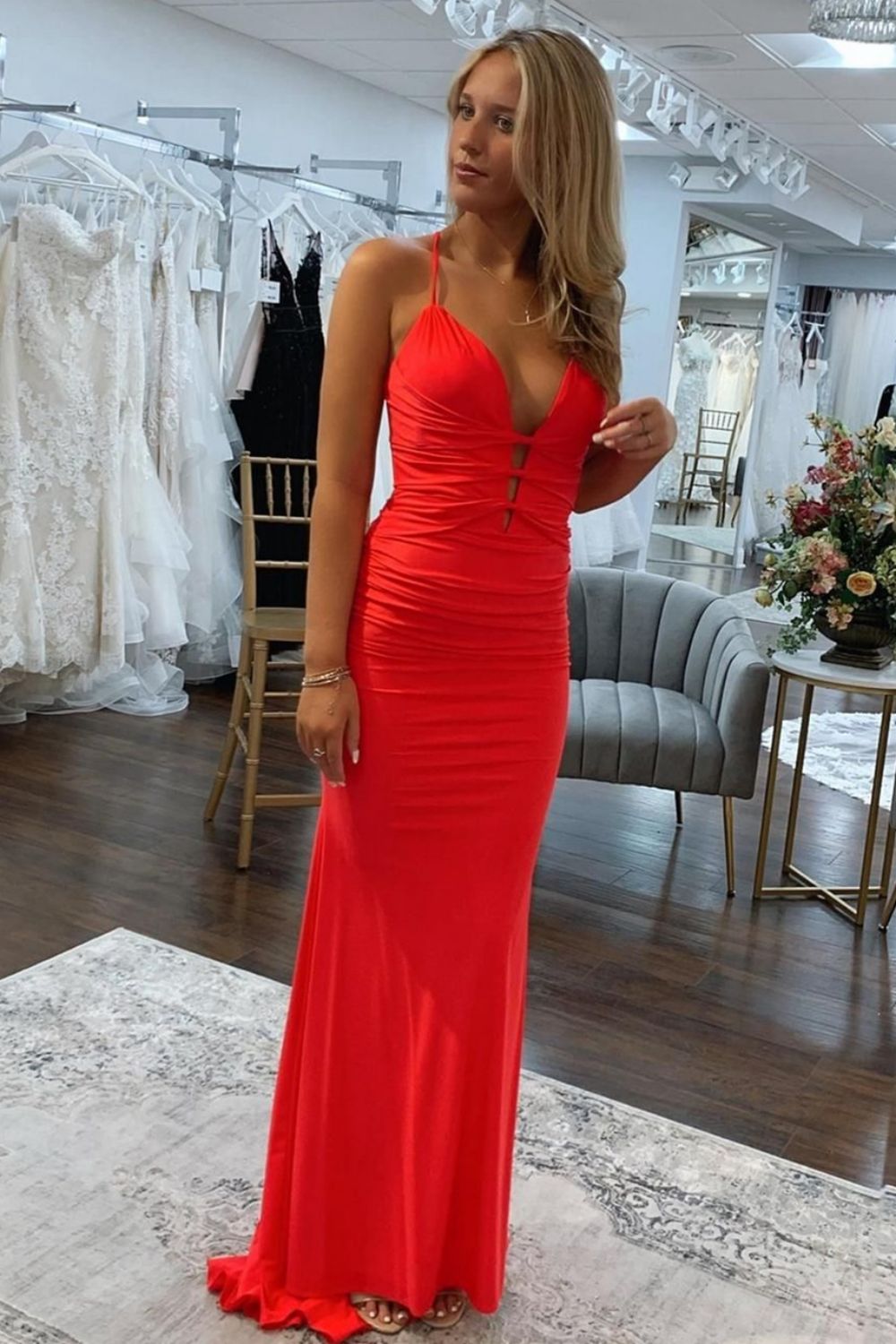 Weitese Red Satin Mermaid Spaghetti Straps Lace Up Long Prom Dress