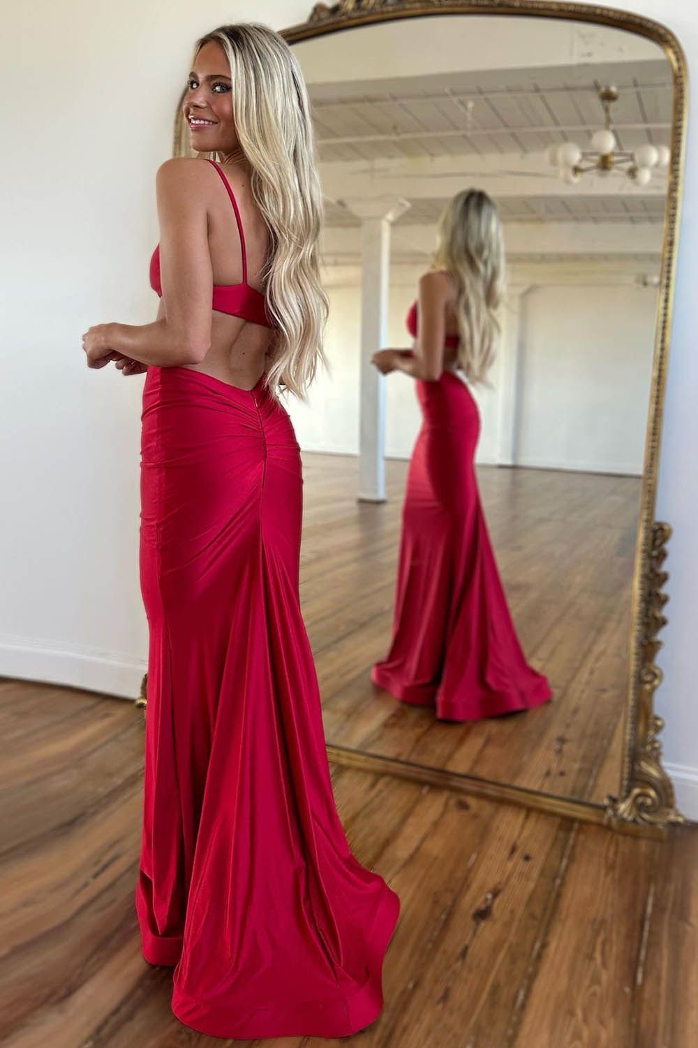 Weitese Stylish Mermaid Spaghetti Straps Long Red Satin Prom Dress