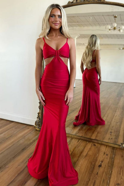 Weitese Stylish Mermaid Spaghetti Straps Long Red Satin Prom Dress