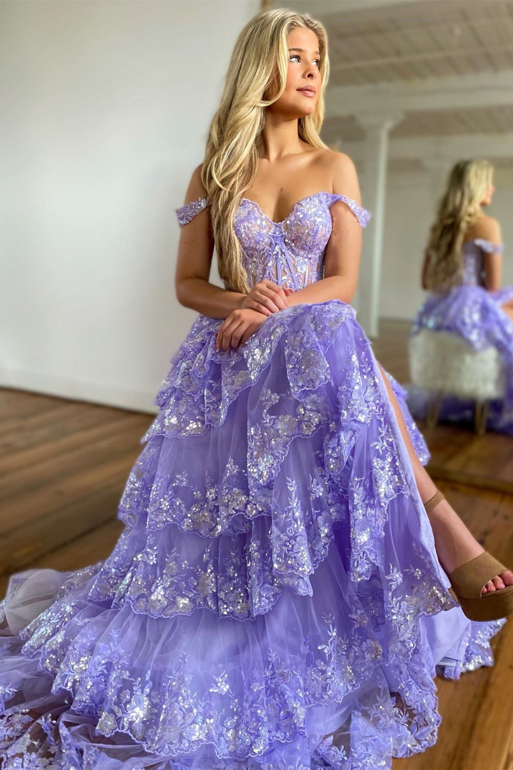 Weitese Stunning Glitter A-Line Off The Shoulder Long Tiered Prom Dress With Split