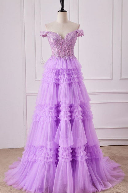 Weitese Romantic Purple A-Line Off The Shoulder Lace Top Long Tulle Prom Dress