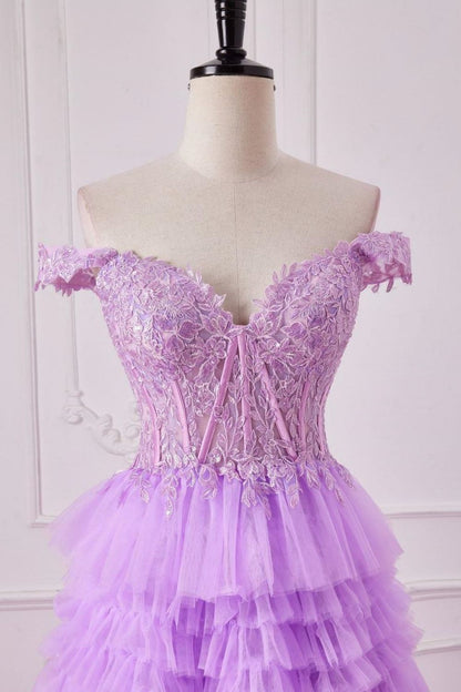 Weitese Romantic Purple A-Line Off The Shoulder Lace Top Long Tulle Prom Dress