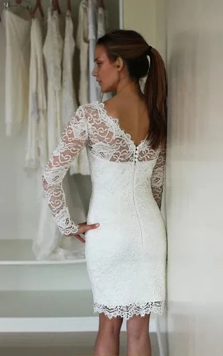 Round Neck Backless Long Sleeve Lace Short Fitted Wedding Dress