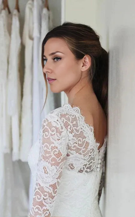 Round Neck Backless Long Sleeve Lace Short Fitted Wedding Dress