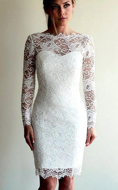 Round Neck Backless Long Sleeve Lace Short Fitted Wedding Dress