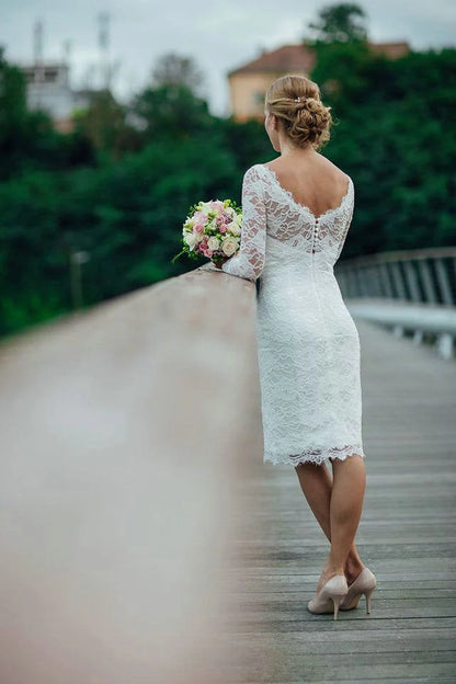 Round Neck Backless Long Sleeve Lace Short Fitted Wedding Dress