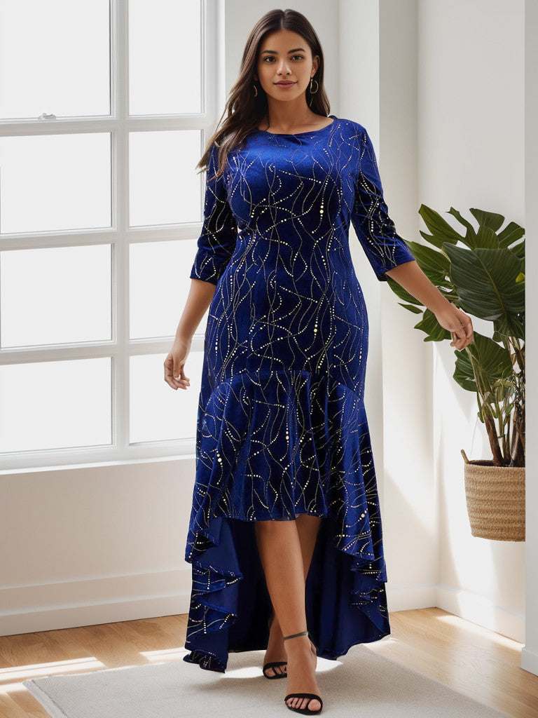 Weitese Elegant Plus Size Bodycon High-Low Formal Velvet Party Dress