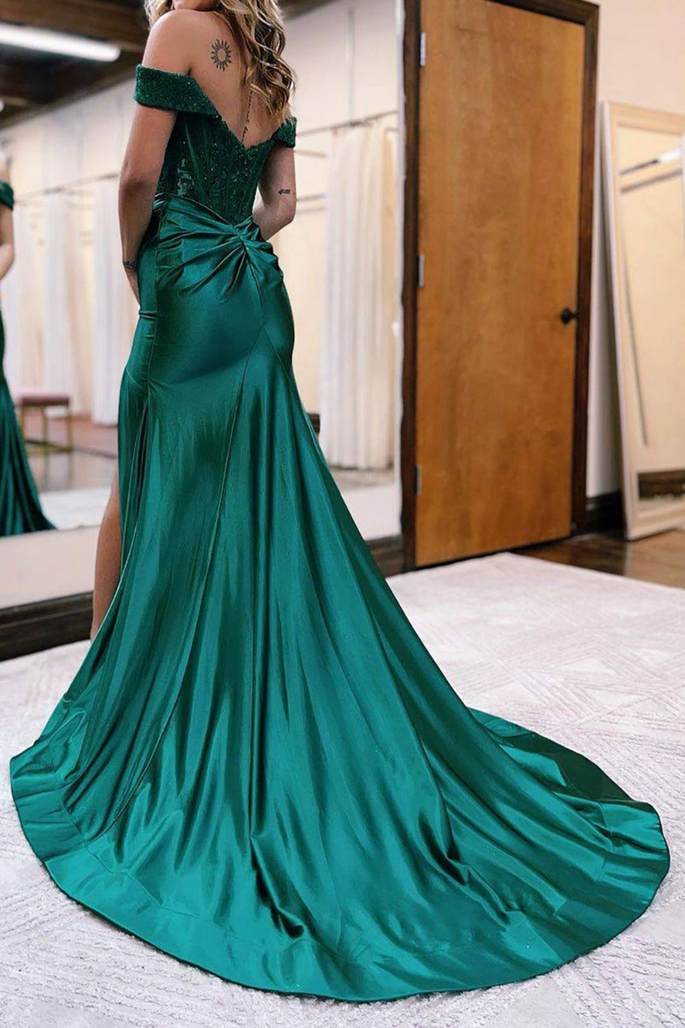 Weitese Mermaid Off The Shoulder Sweep Train Long Satin Prom Dress With Slit