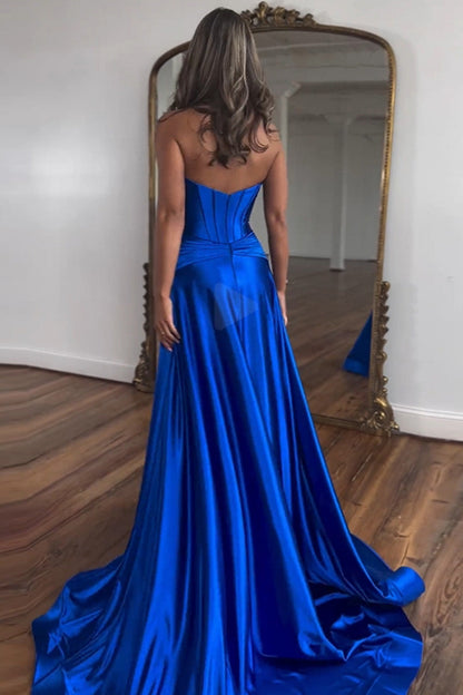 Weitese Satin A-Line Strapless Long Prom Dress With Split