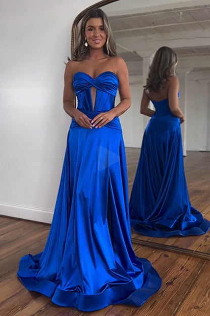 Weitese Satin A-Line Strapless Long Prom Dress With Split