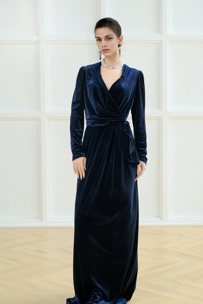 Ruched Shoulder Velvet Gown | Long Sleeves Evening Gowns Formal Party Dress Winter Velvet Dress Bridesmaid Dress Prom Dress