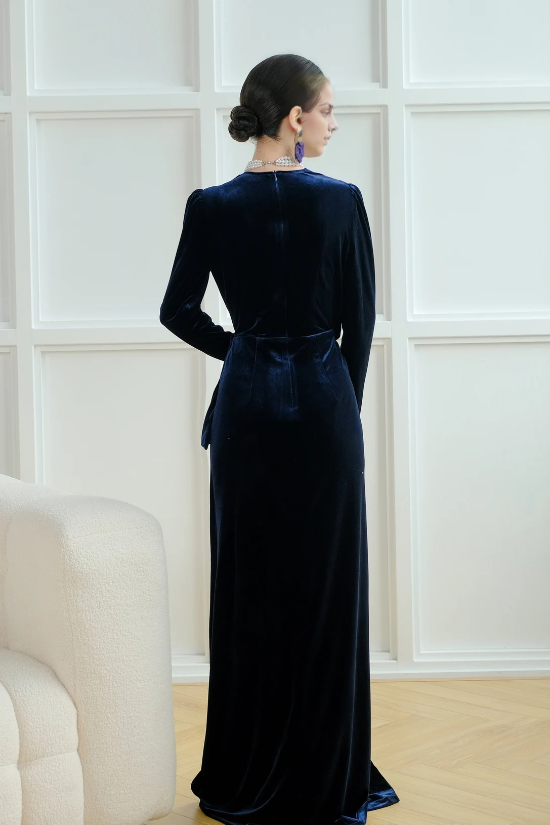 Ruched Shoulder Velvet Gown | Long Sleeves Evening Gowns Formal Party Dress Winter Velvet Dress Bridesmaid Dress Prom Dress