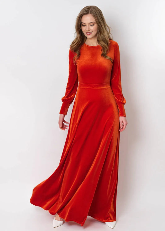 Rust Orange Velvet Long Dress Bridesmaid Velvet Dress Wedding Guest Dress Velvet Gown Velvet Slit Dress Maxi Dress Long Sleeves Evening Dress