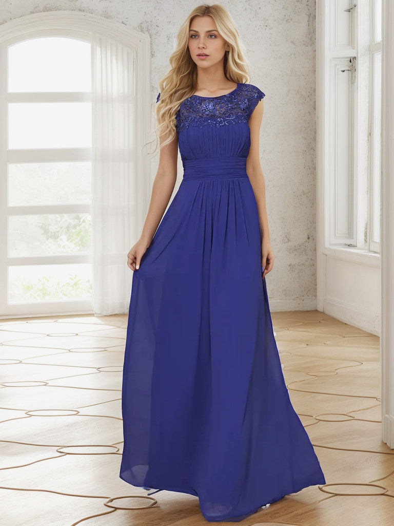 Weitese Classic Maxi Long Lace Cap Sleeve Bridesmaid Dress