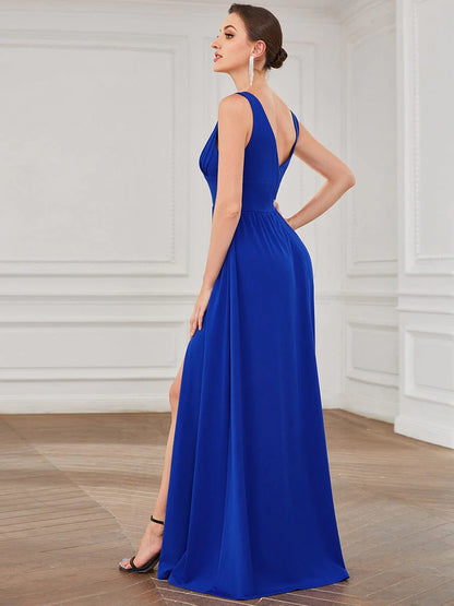 Weitese Sleeveless V-Neck Empire Waist High Slit Floor-Length Evening Dress