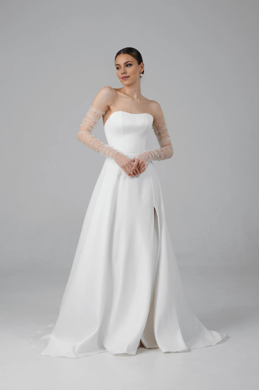 Satin A Line Wedding Dress Minimalist Modern Wedding Dress Off-the-shoulder With Slit Bride Dress