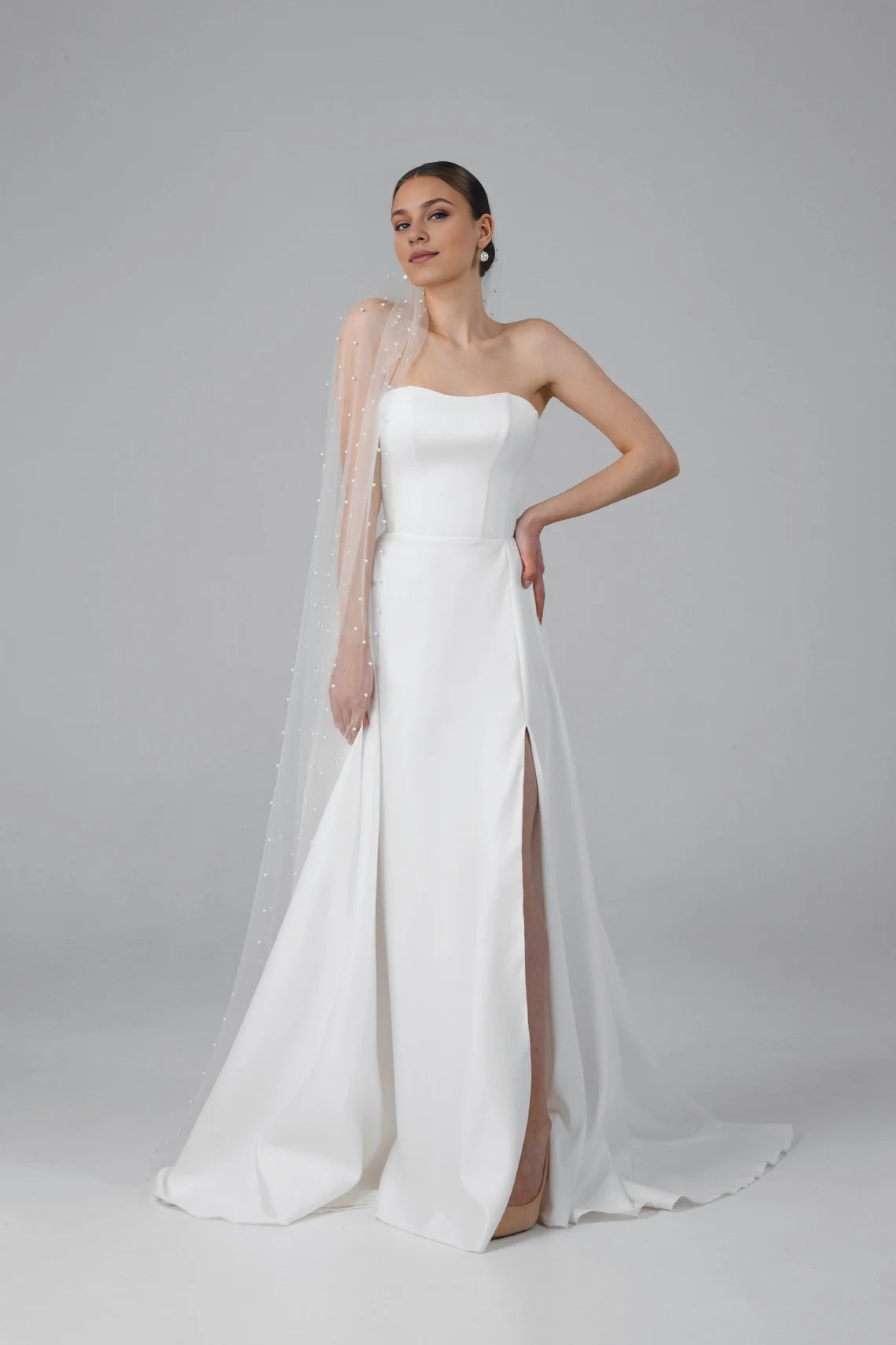 Satin A Line Wedding Dress Minimalist Modern Wedding Dress Off-the-shoulder With Slit Bride Dress