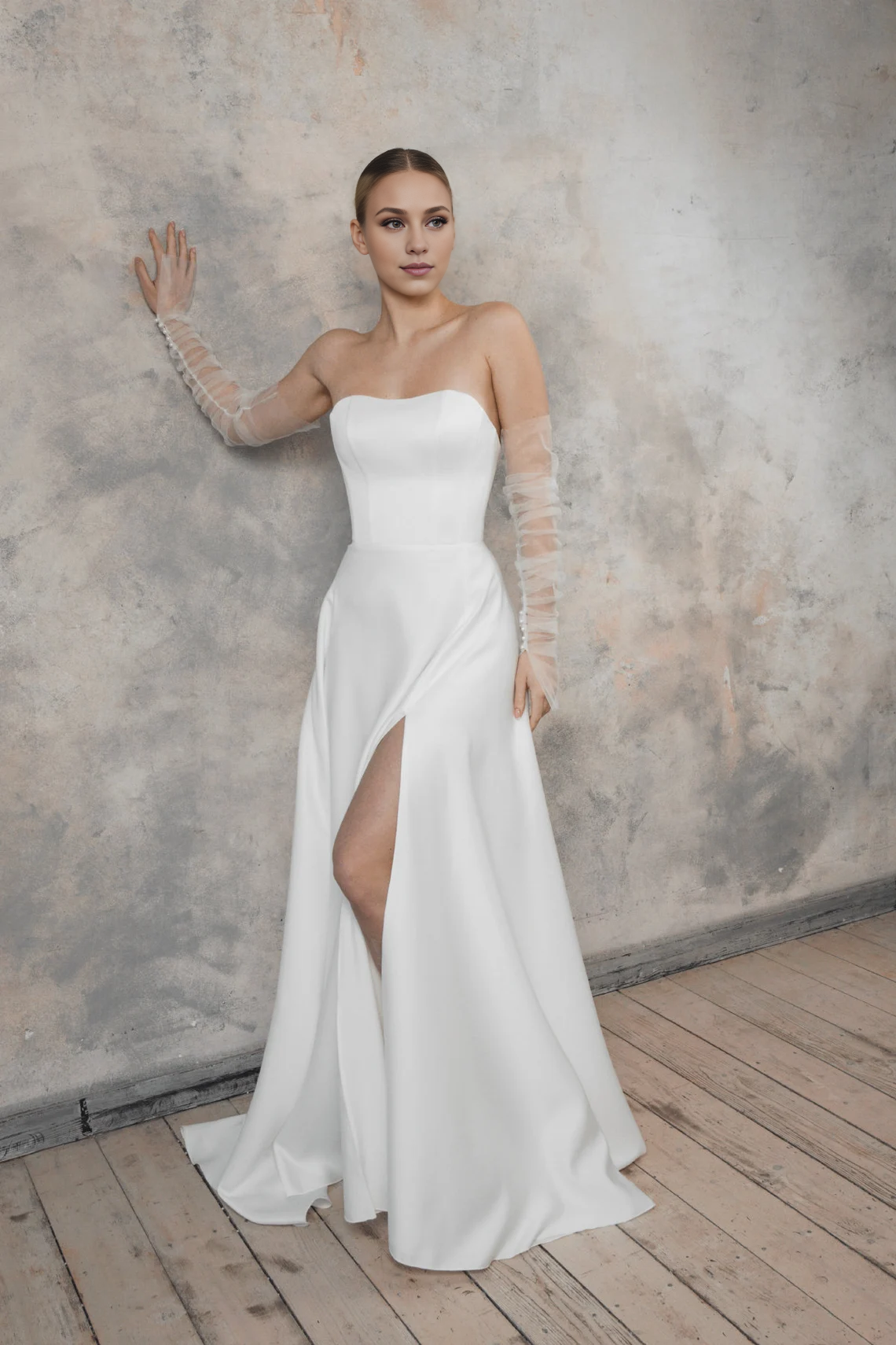 Satin A Line Wedding Dress Minimalist Modern Wedding Dress Off-the-shoulder With Slit Bride Dress